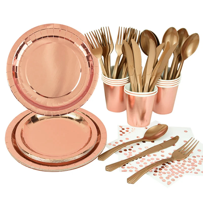 Kidslands® - Set Vaisselle Jetable Rose Gold | Anniversaire Enfant - Baby shower & Gender Reveal