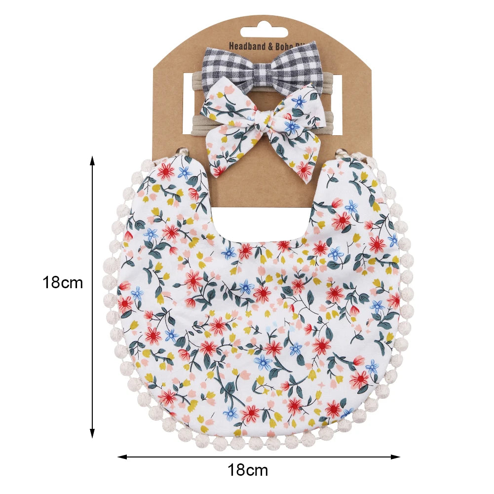 Kidslands® | Lot de 1 Bavoir Réversible Bandana Bébé - Motifs Fleuris + 2 Bandeaux Cheveux Assortis