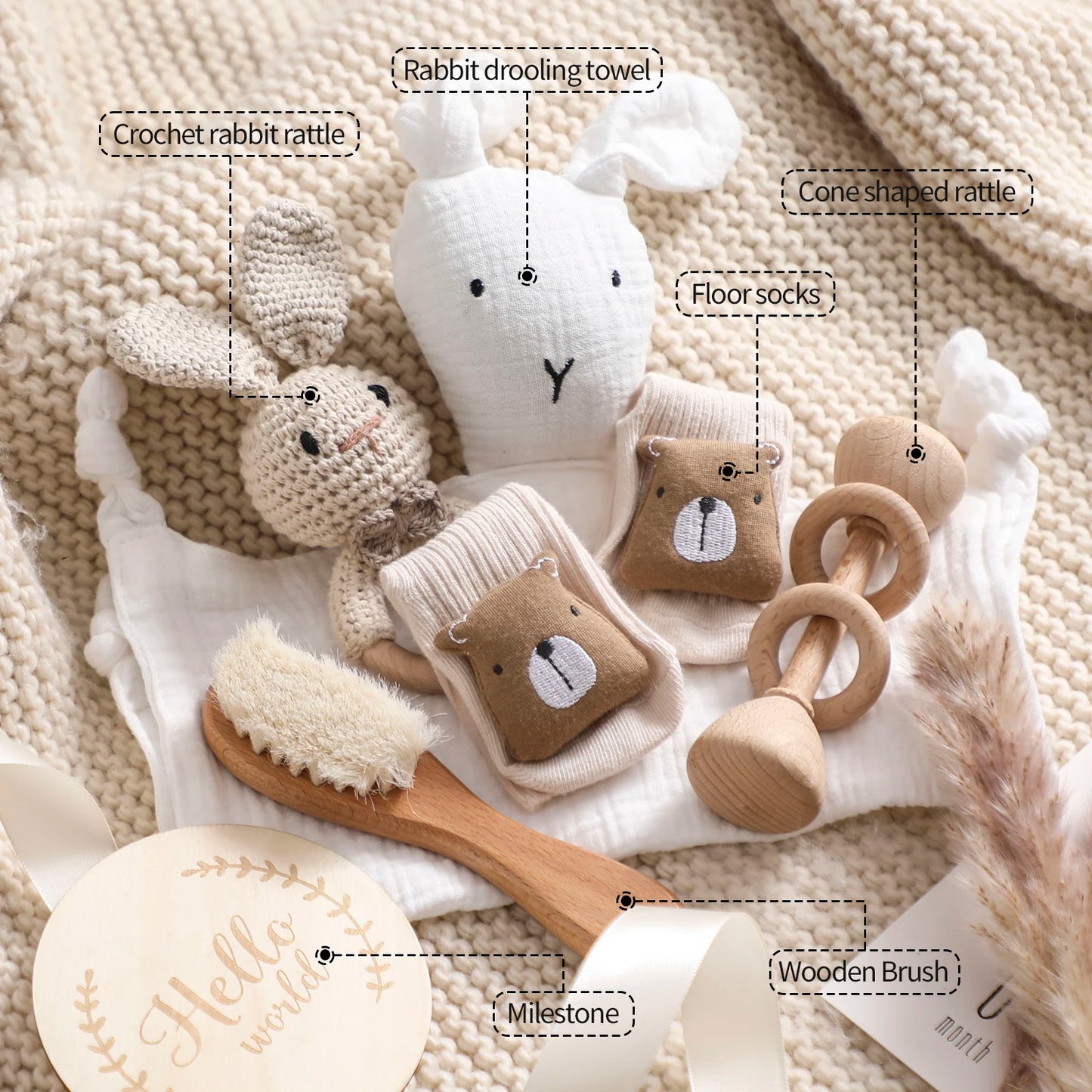 Kidslands® | Coffret Naissance 6 Pièces – Doudou gaze de coton, hochet bois, accessoires bébé