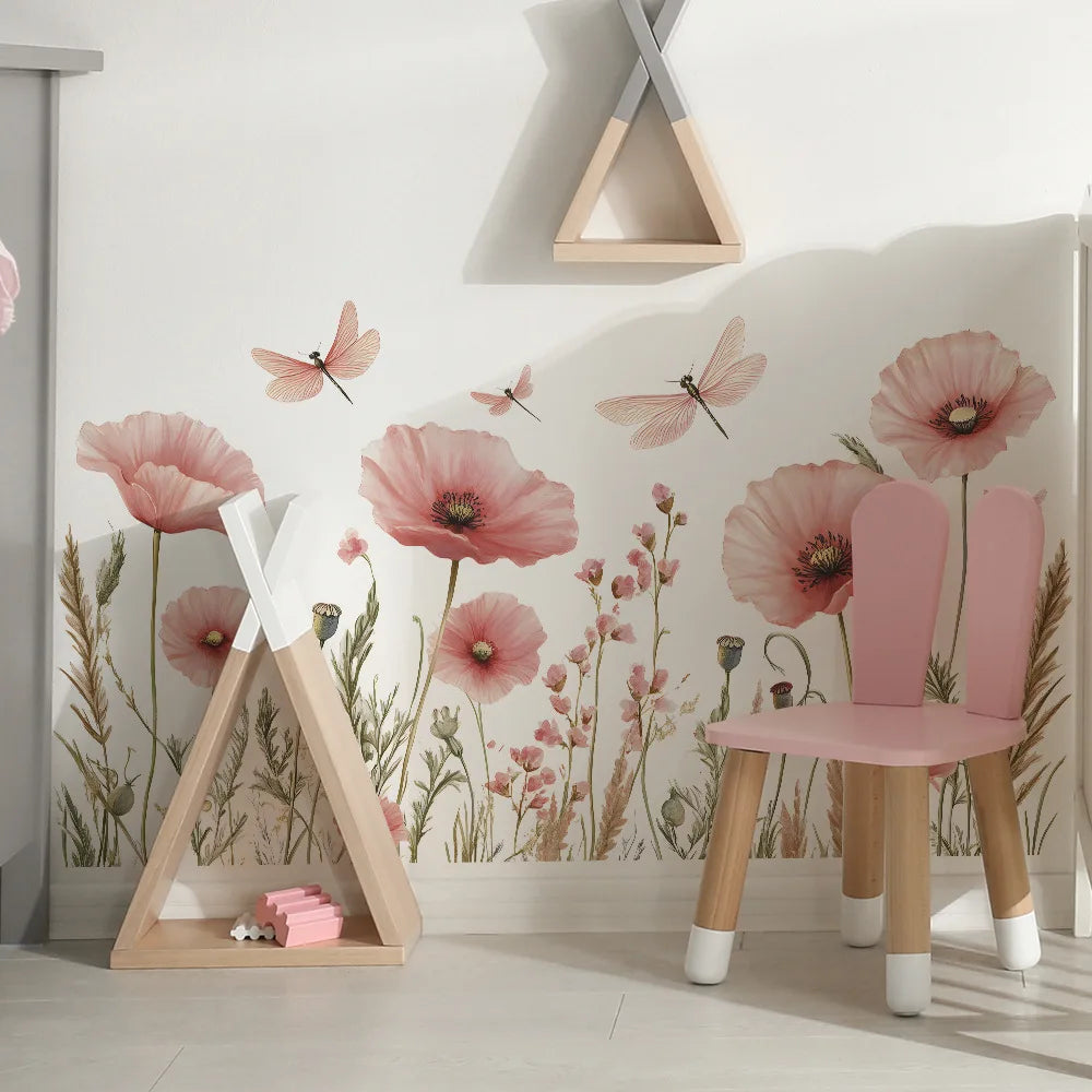 Kidslands® | Stickers Muraux Fleurs Aquarelle Coquelicot & Libellules –Déco Murale Panoramique Romantique Rose