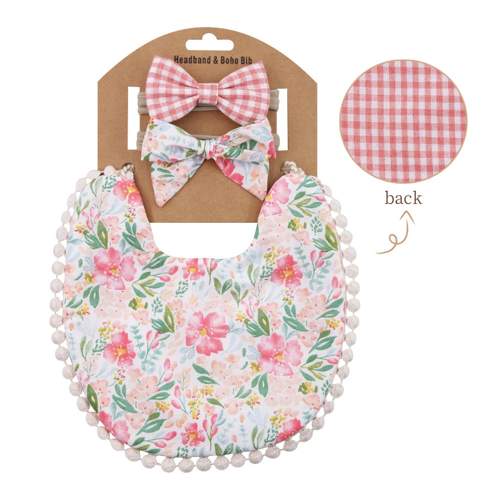 Kidslands® | Lot de 1 Bavoir Réversible Bandana Bébé - Motifs Fleuris + 2 Bandeaux Cheveux Assortis