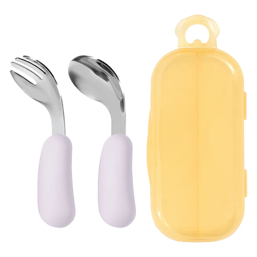 Kidslands® | Set Couverts Bébé Silicone & Inox – Cuillère + Fourchette Apprentissage Ergonomique