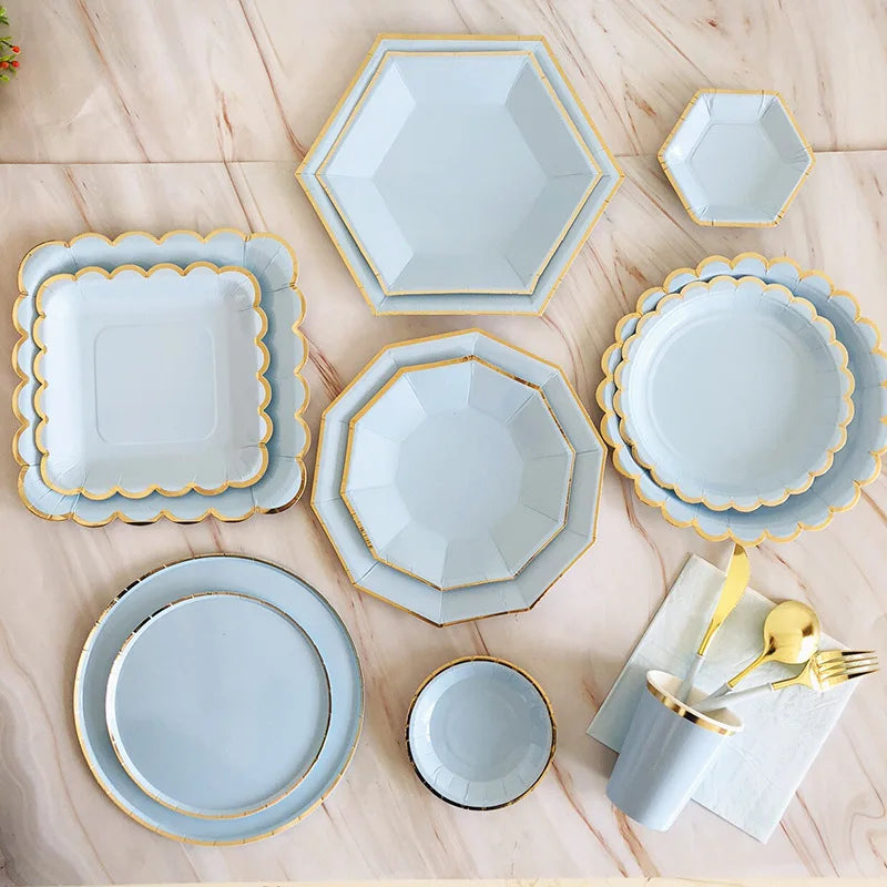 Kidslands® – Set Vaisselle Jetable Bleu & Doré | Assiettes, Gobelets, Serviettes & Pailles pour Baby Shower ou Anniversaire