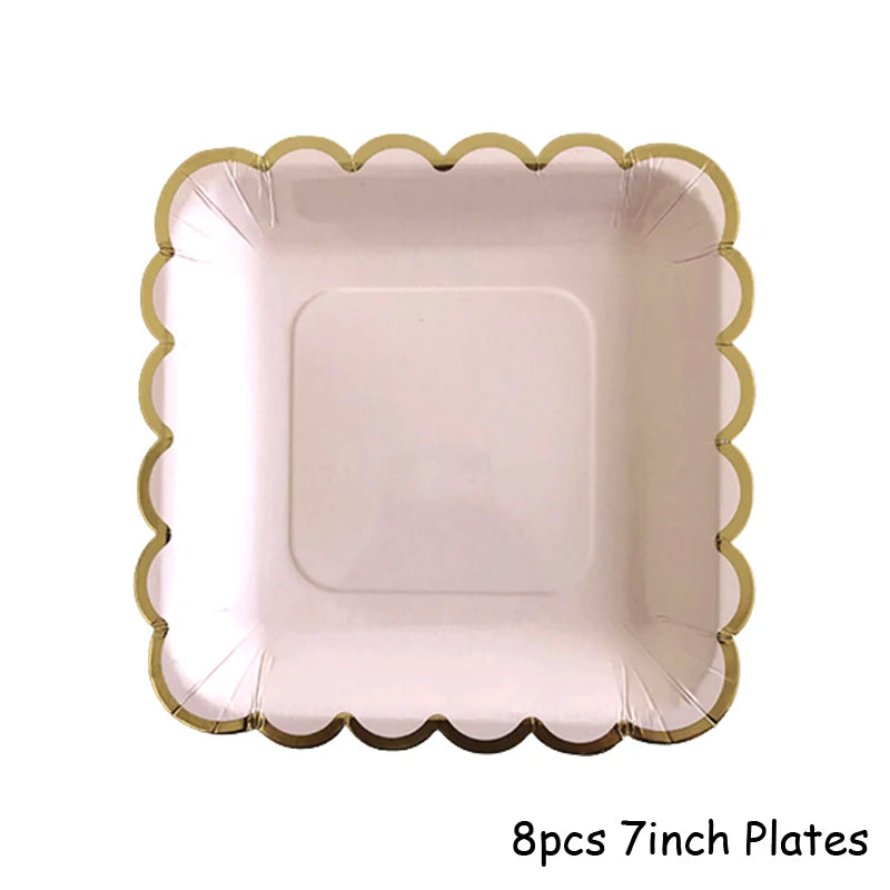 Kidslands® – Set Vaisselle Jetable Rose & Doré | Assiettes, Gobelets, Serviettes & Pailles pour Baby Shower ou Anniversaire