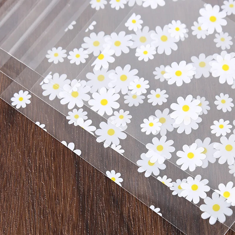 Kidslands® - Lot de 50/100 Sachets Cadeaux Plastiques Marguerites – Sacs de Rangement Transparents pour Fête, Mariage, Cookies ou Cadeaux