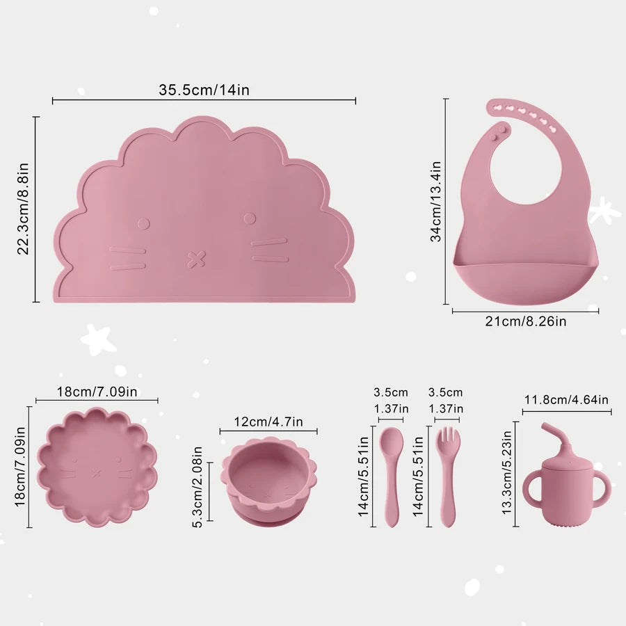 Kidslands® - Set Repas Bébé 7 pièces en Silicone – sans BPA - Set de table, Bol, Assiette, Cuillère, Fourchette, Gobelet & Bavoir Ajustable