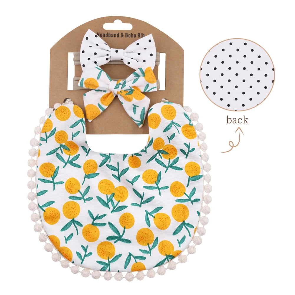 Kidslands® | Lot de 1 Bavoir Réversible Bandana Bébé - Motifs Fleuris + 2 Bandeaux Cheveux Assortis