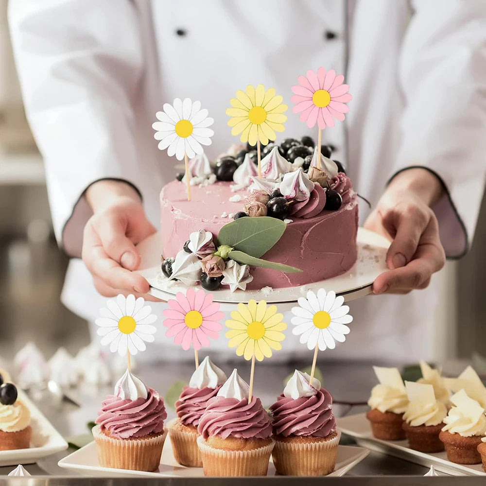 Kidslands® - 24 Décorations Cupcake Marguerite – Cake Toppers Fleurs pour Anniversaire, Baby Shower & Baptême