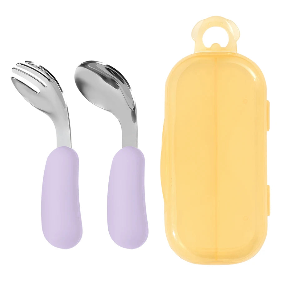Kidslands® | Set Couverts Bébé Silicone & Inox – Cuillère + Fourchette Apprentissage Ergonomique