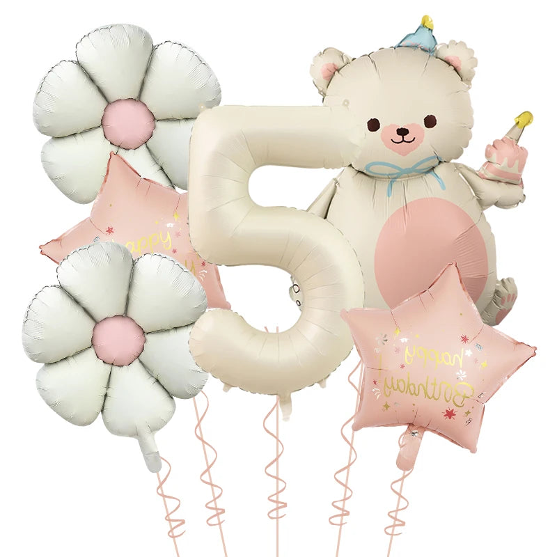 Kidslands® | Set Ballons Marguerite Chiffre & Ourson – 6pcs | Déco Anniversaire & Baby Shower