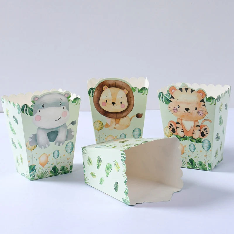 Kidslands® | Lot de 6 Boîtes Popcorn Animaux de la Jungle – Boîtes à Friandises en Papier | Anniversaire, Baby Shower, Soirée Cinéma