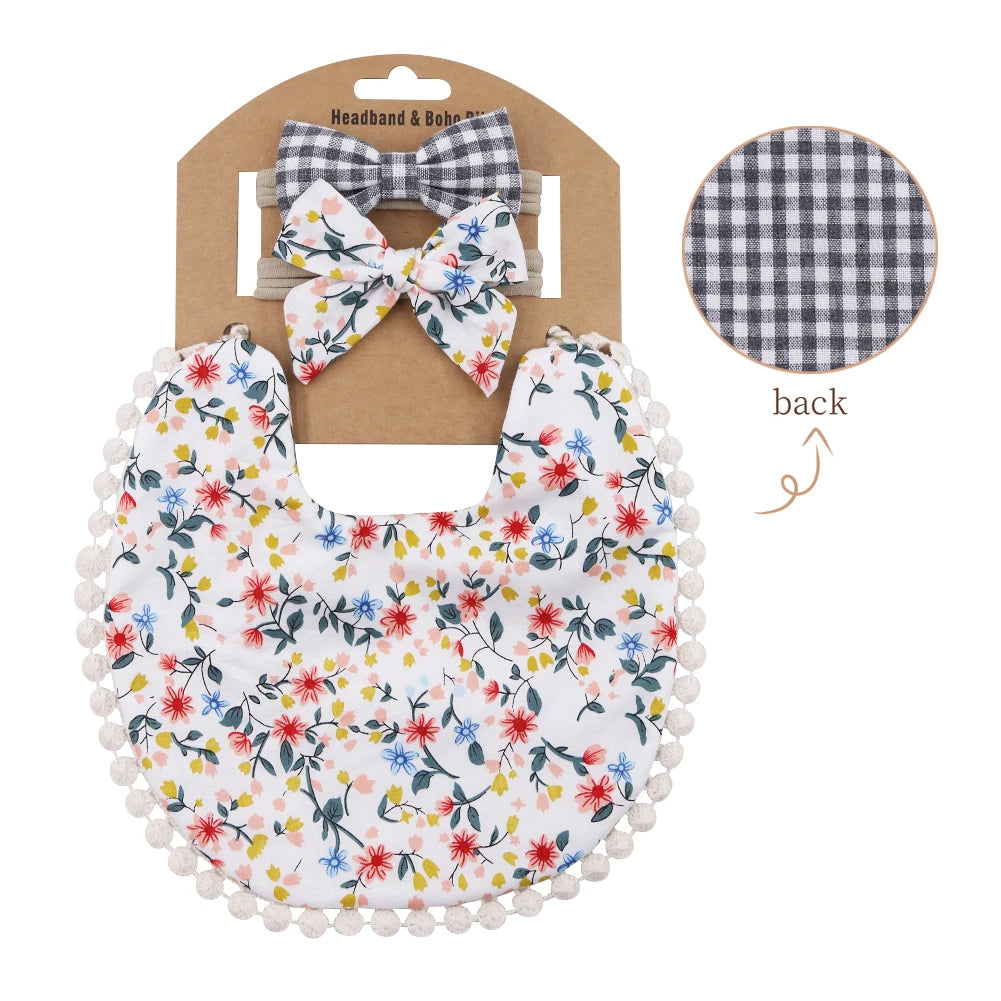 Kidslands® | Lot de 1 Bavoir Réversible Bandana Bébé - Motifs Fleuris + 2 Bandeaux Cheveux Assortis