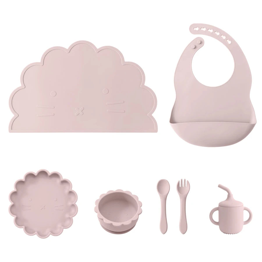 Kidslands® - Set Repas Bébé 7 pièces en Silicone – sans BPA - Set de table, Bol, Assiette, Cuillère, Fourchette, Gobelet & Bavoir Ajustable