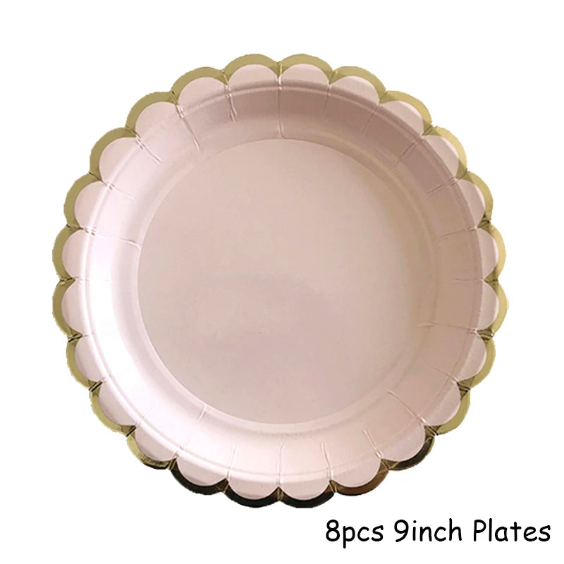 Kidslands® – Set Vaisselle Jetable Rose & Doré | Assiettes, Gobelets, Serviettes & Pailles pour Baby Shower ou Anniversaire