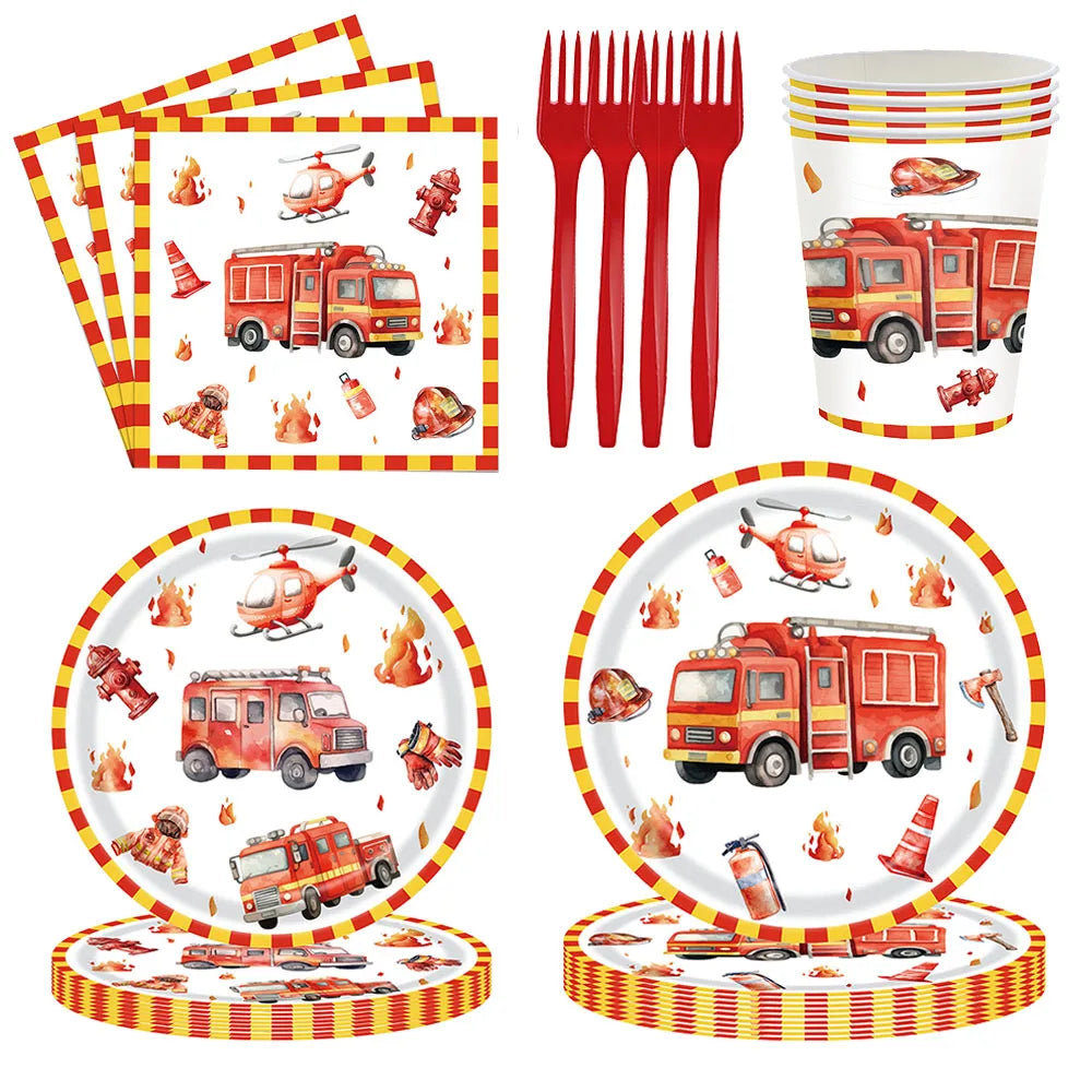 Kidslands® – Vaisselle Jetable Thème Camion de Pompier Assiettes, Gobelets, Couverts, Serviettes pour Fête d’Anniversaire Enfant