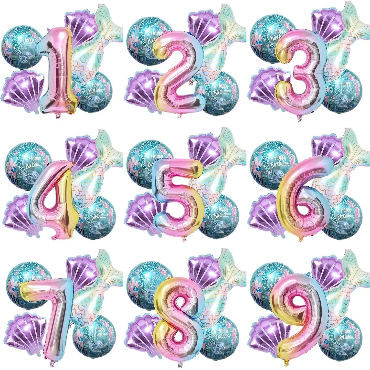 Kidslands® | Set de 6 Ballons en Aluminium - Ballons Sirène Queue de Poisson + Coquillages +Chiffres