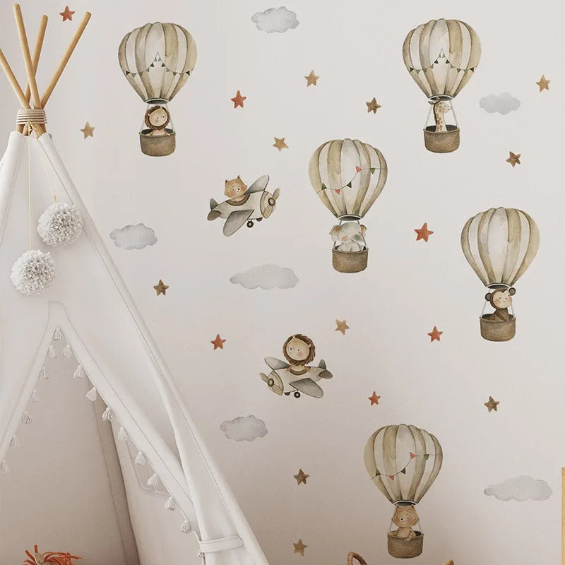 Kidslands® | Sticker Mural Enfant Avion & Montgolfière – Décoration Murale Animaux Volants pour Chambre Bébé
