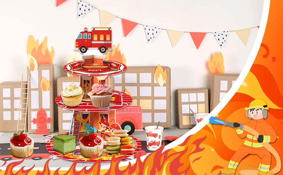 Kidslands® – Présentoir à Cupcakes Camion de Pompier Tour à Cupcakes 3 Étages – Déco Anniversaire Thème Pompier