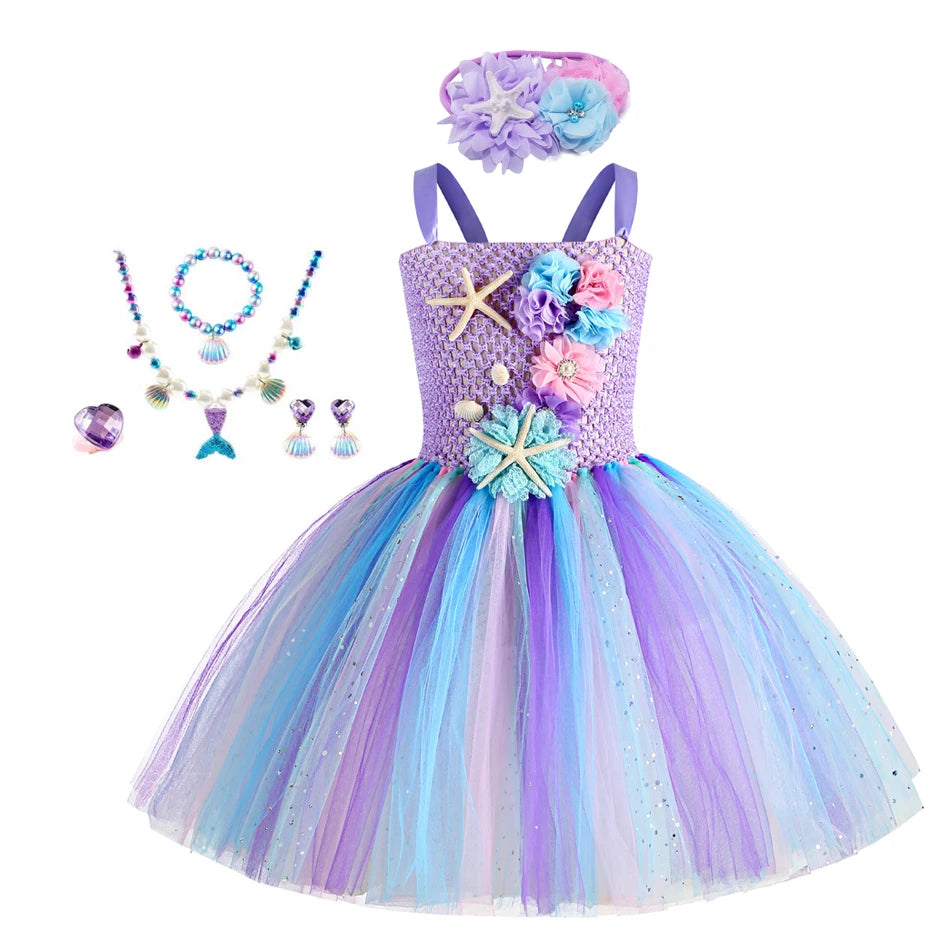 Kidslands® | Déguisement Thème Océan - Robe Tutu Sirène Fille + Accessoires – 1 à 12 Ans