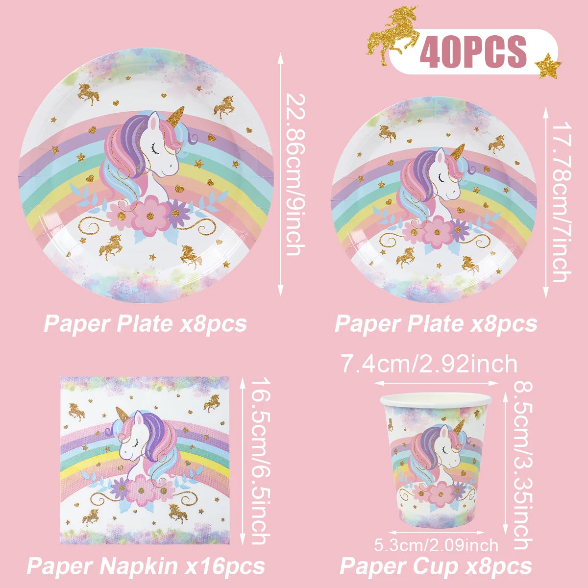 Kidslands® – Lot 40pcs Vaisselle Jetable Thème Licorne - Anniversaire, Fêtes à Thème Arc-en-ciel