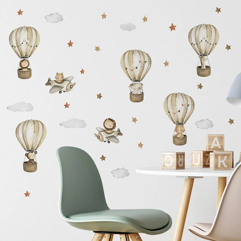 Kidslands® | Sticker Mural Enfant Avion & Montgolfière – Décoration Murale Animaux Volants pour Chambre Bébé