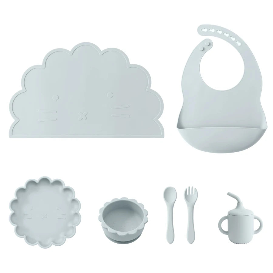 Kidslands® - Set Repas Bébé 7 pièces en Silicone – sans BPA - Set de table, Bol, Assiette, Cuillère, Fourchette, Gobelet & Bavoir Ajustable