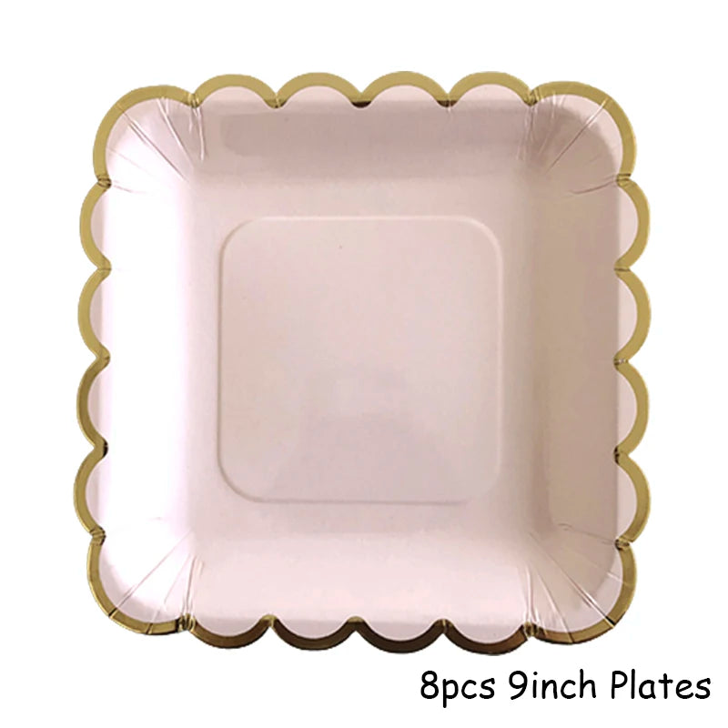 Kidslands® – Set Vaisselle Jetable Rose & Doré | Assiettes, Gobelets, Serviettes & Pailles pour Baby Shower ou Anniversaire