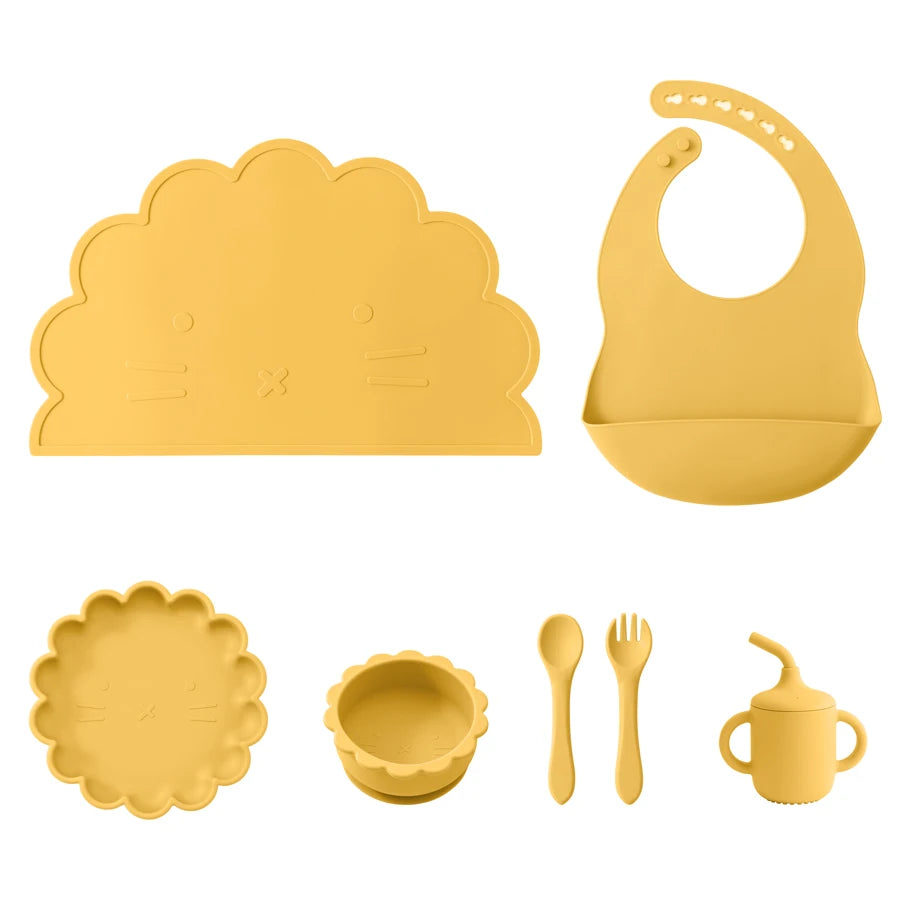 Kidslands® - Set Repas Bébé 7 pièces en Silicone – sans BPA - Set de table, Bol, Assiette, Cuillère, Fourchette, Gobelet & Bavoir Ajustable