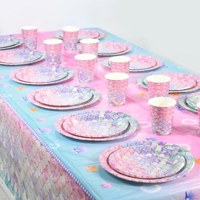 Kidslands® | Kit Vaisselle Jetable Sirène – Thème Océan Assiettes, Gobelets, Serviettes & Décorations