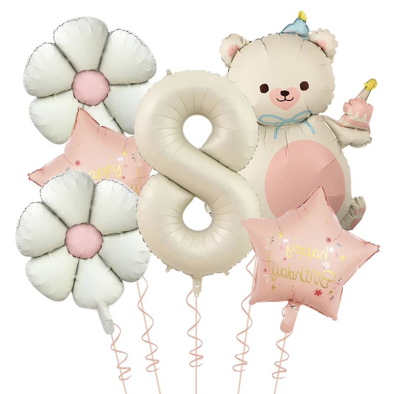 Kidslands® | Set Ballons Marguerite Chiffre & Ourson – 6pcs | Déco Anniversaire & Baby Shower