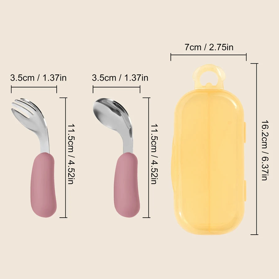 Kidslands® | Set Couverts Bébé Silicone & Inox – Cuillère + Fourchette Apprentissage Ergonomique