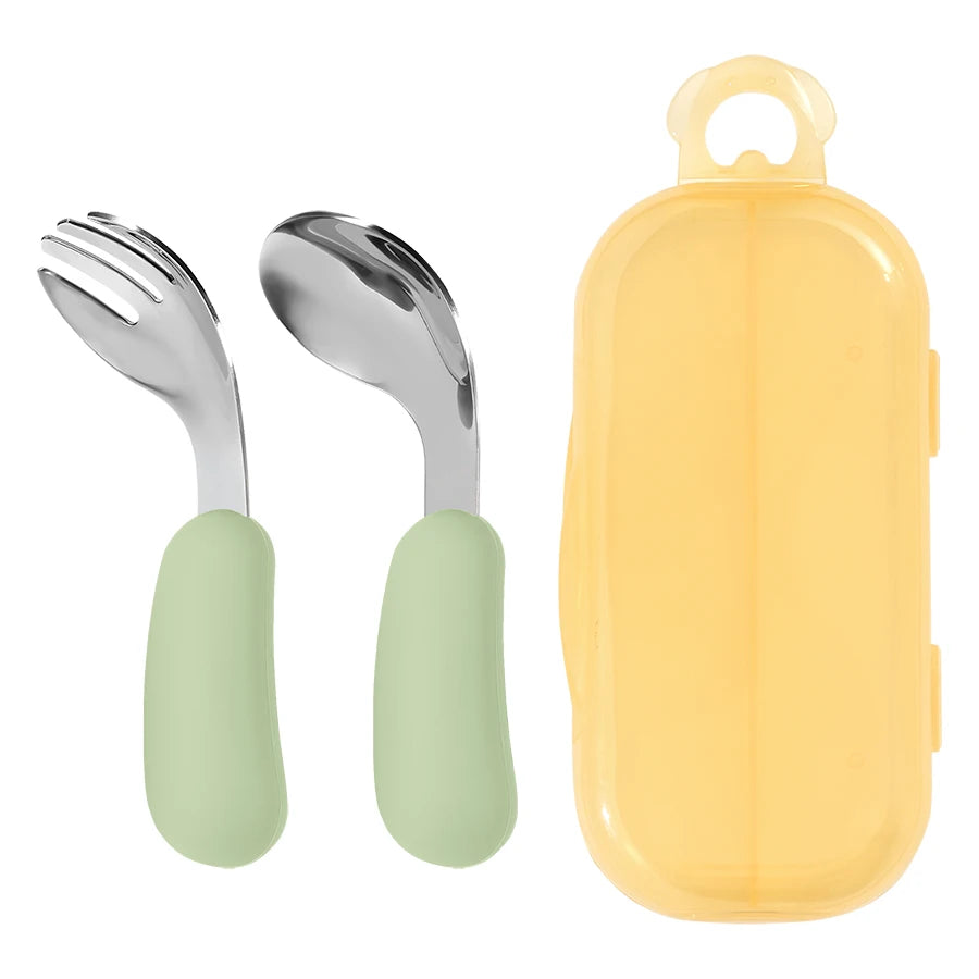 Kidslands® | Set Couverts Bébé Silicone & Inox – Cuillère + Fourchette Apprentissage Ergonomique