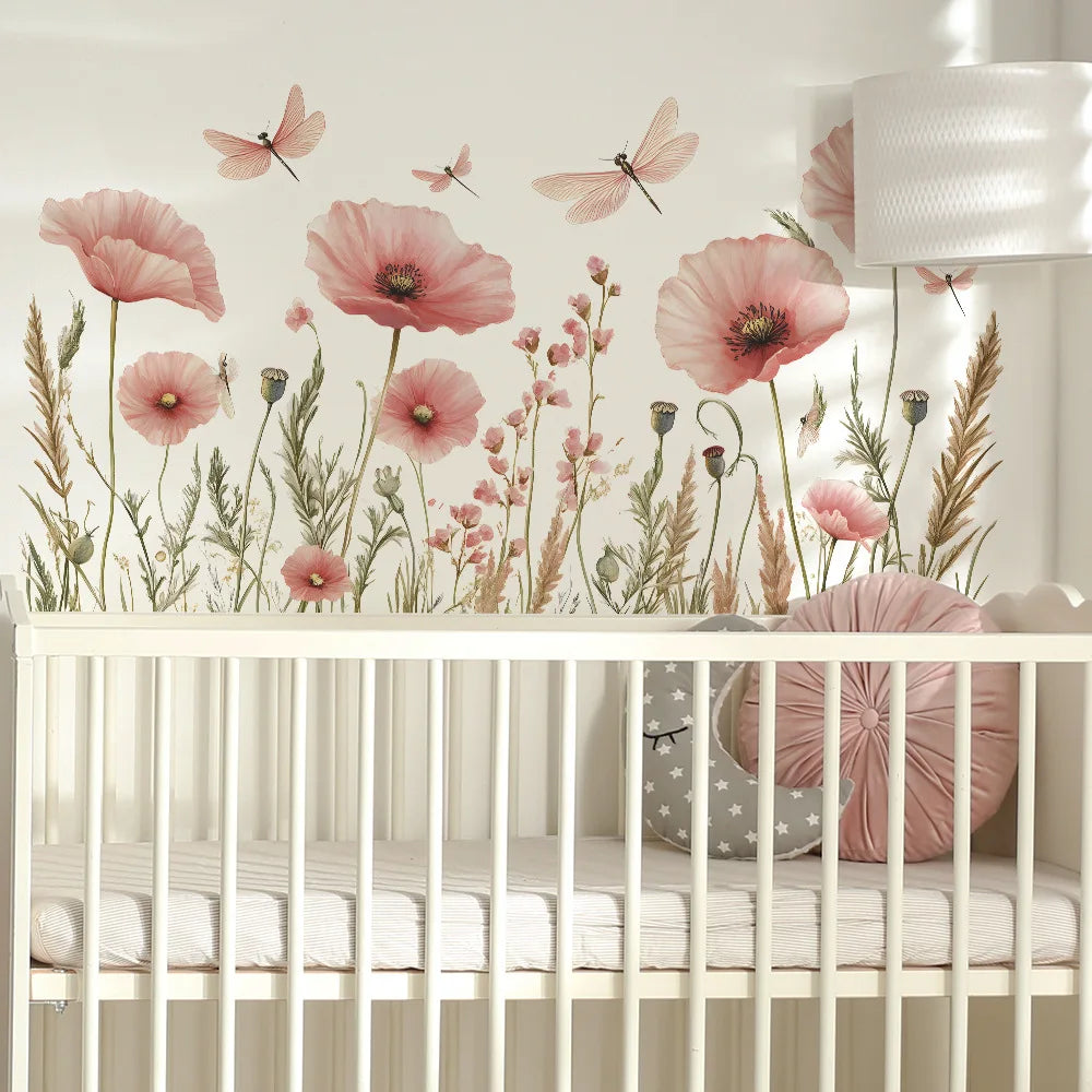 Kidslands® | Stickers Muraux Fleurs Aquarelle Coquelicot & Libellules –Déco Murale Panoramique Romantique Rose