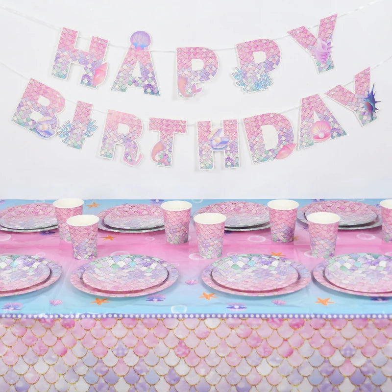 Kidslands® | Kit Vaisselle Jetable Sirène – Thème Océan Assiettes, Gobelets, Serviettes & Décorations