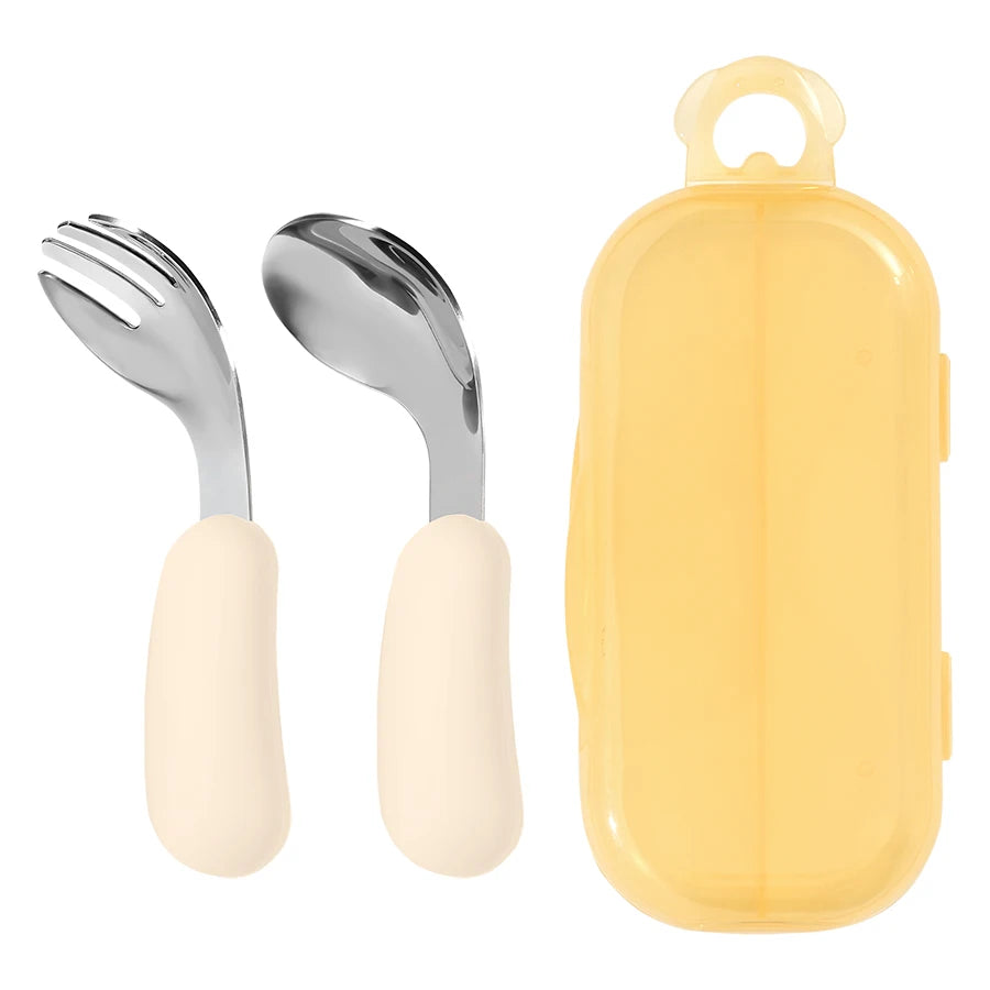 Kidslands® | Set Couverts Bébé Silicone & Inox – Cuillère + Fourchette Apprentissage Ergonomique
