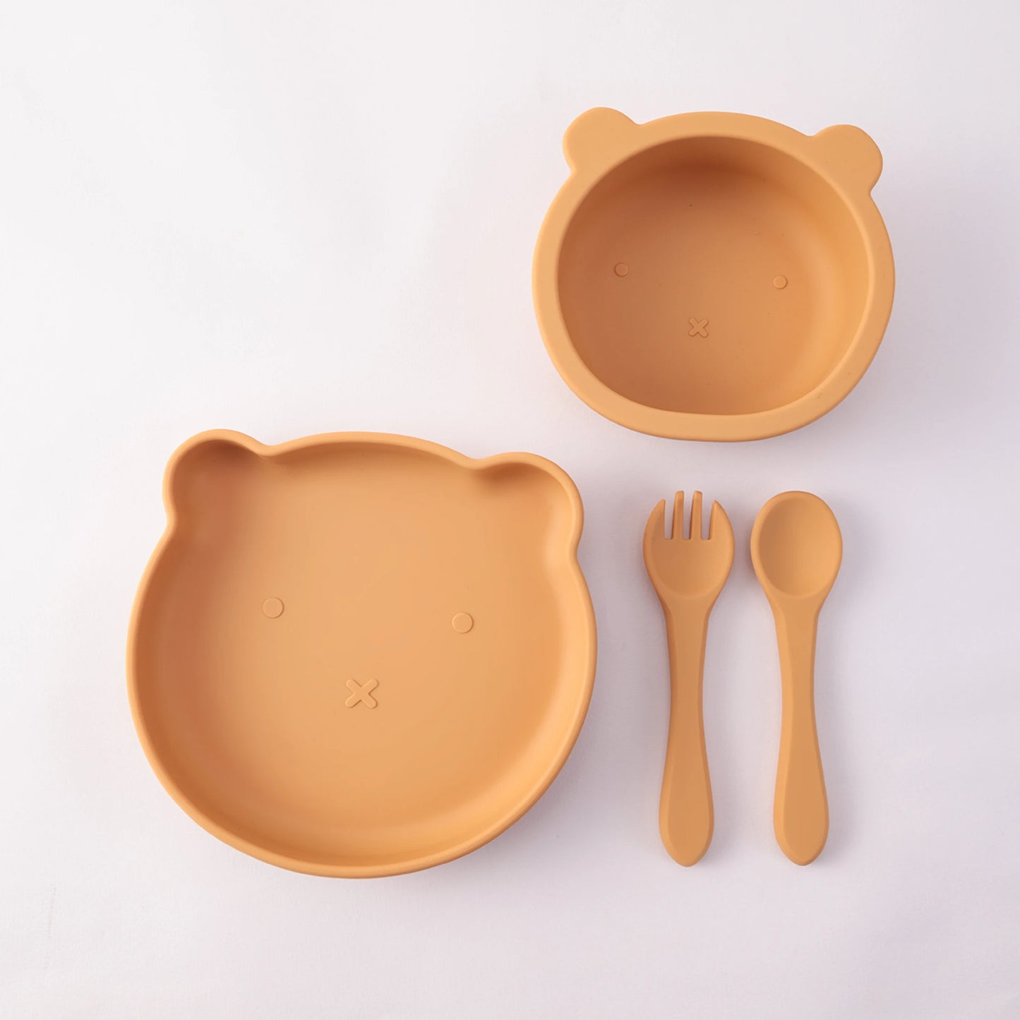 Kidslands® | Coffret repas bébé 4 pièces en silicone – Bol ventouse, assiette, cuillère & fourchette