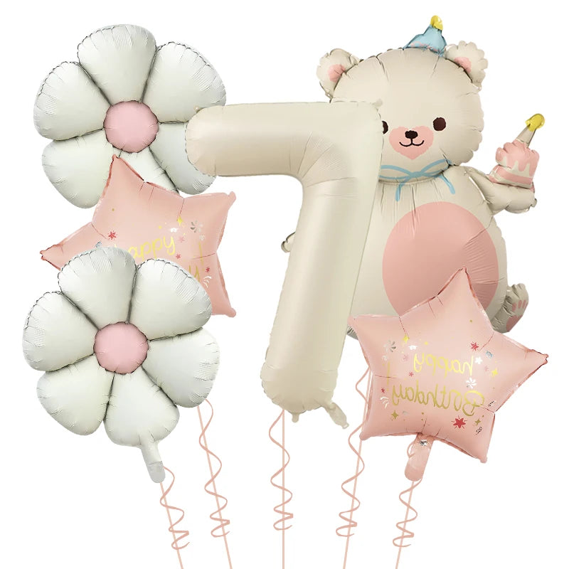 Kidslands® | Set Ballons Marguerite Chiffre & Ourson – 6pcs | Déco Anniversaire & Baby Shower