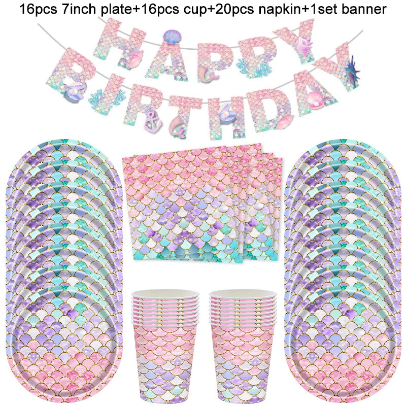 Kidslands® | Kit Vaisselle Jetable Sirène – Thème Océan Assiettes, Gobelets, Serviettes & Décorations
