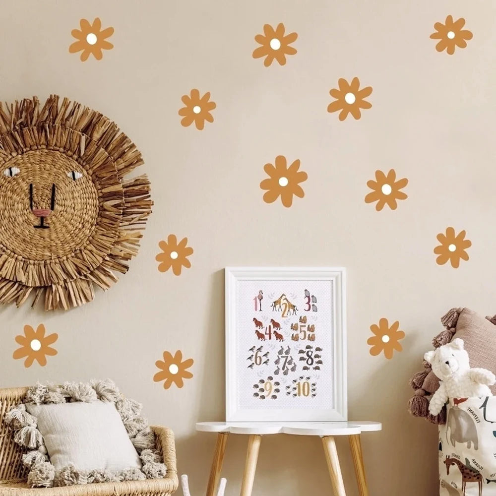 Kidslands® | 26 Stickers Muraux Fleurs Marguerite Bohème Blanc & Marron – Déco Chambre Bébé Enfant