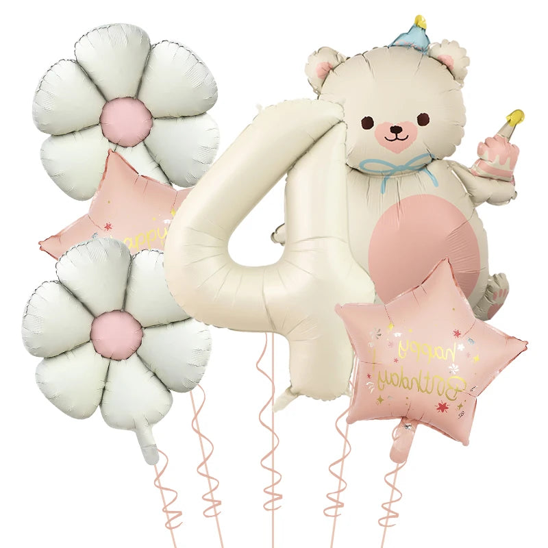 Kidslands® | Set Ballons Marguerite Chiffre & Ourson – 6pcs | Déco Anniversaire & Baby Shower