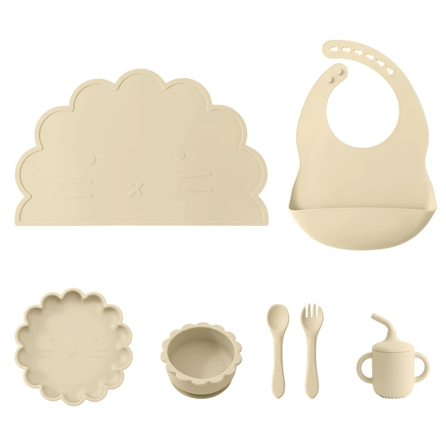 Kidslands® - Set Repas Bébé 7 pièces en Silicone – sans BPA - Set de table, Bol, Assiette, Cuillère, Fourchette, Gobelet & Bavoir Ajustable