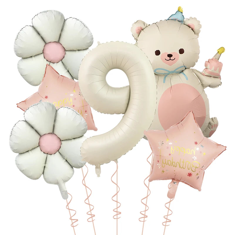 Kidslands® | Set Ballons Marguerite Chiffre & Ourson – 6pcs | Déco Anniversaire & Baby Shower