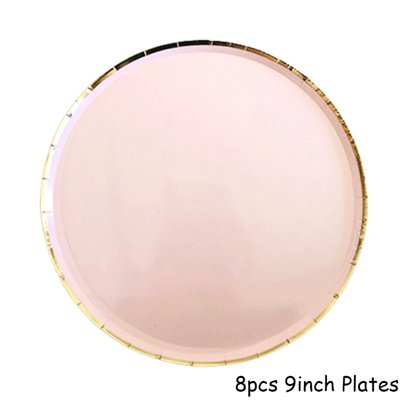 Kidslands® – Set Vaisselle Jetable Rose & Doré | Assiettes, Gobelets, Serviettes & Pailles pour Baby Shower ou Anniversaire