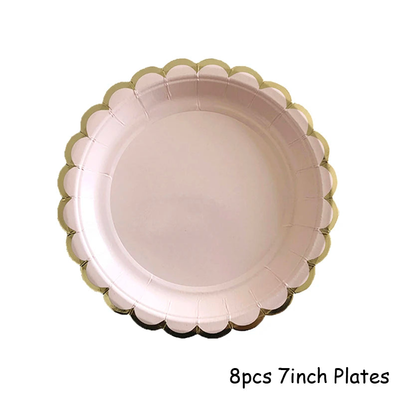 Kidslands® – Set Vaisselle Jetable Rose & Doré | Assiettes, Gobelets, Serviettes & Pailles pour Baby Shower ou Anniversaire