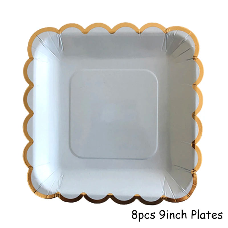 Kidslands® – Set Vaisselle Jetable Bleu & Doré | Assiettes, Gobelets, Serviettes & Pailles pour Baby Shower ou Anniversaire