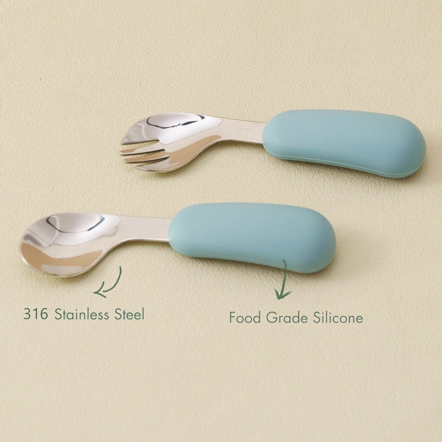 Kidslands® | Set Couverts Bébé Silicone & Inox – Cuillère + Fourchette Apprentissage Ergonomique