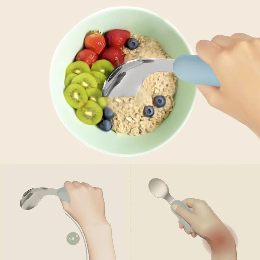 Kidslands® | Set Couverts Bébé Silicone & Inox – Cuillère + Fourchette Apprentissage Ergonomique