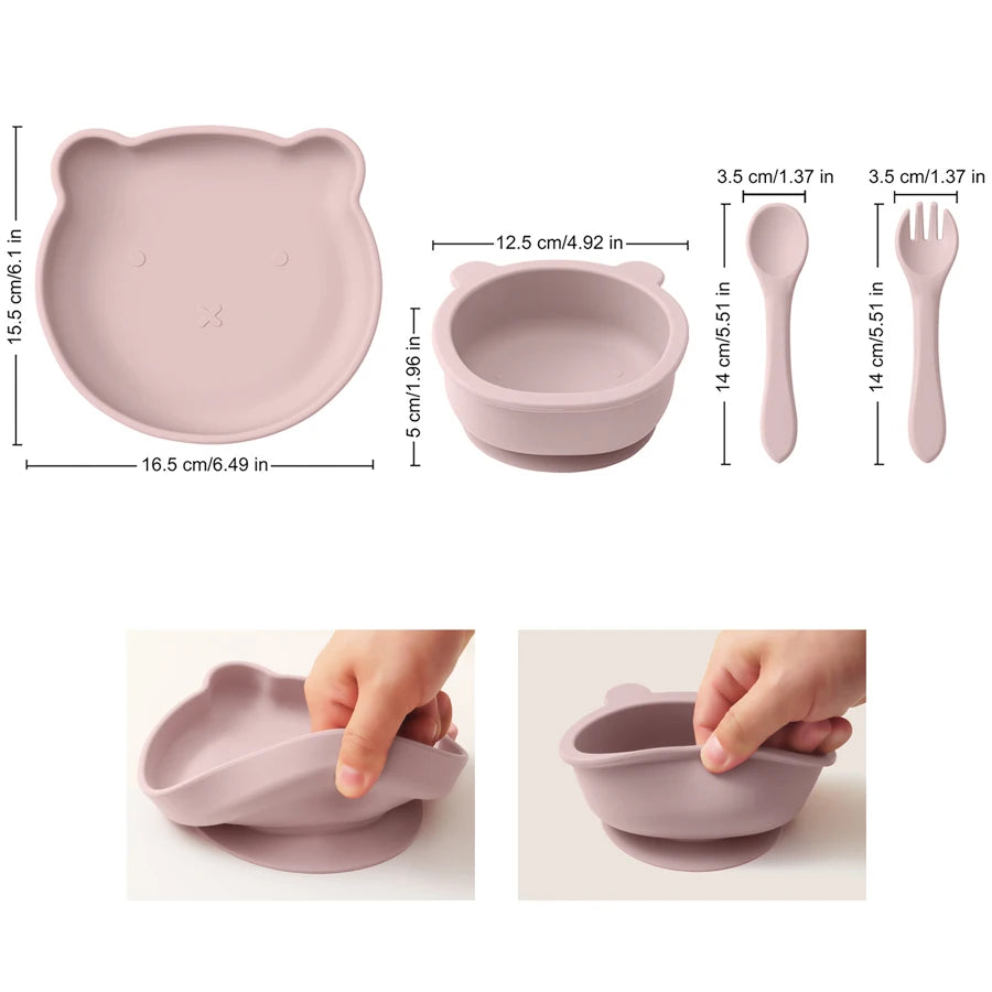 Kidslands® | Coffret repas bébé 4 pièces en silicone – Bol ventouse, assiette, cuillère & fourchette