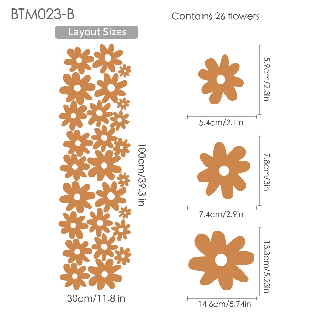 Kidslands® | 26 Stickers Muraux Fleurs Marguerite Bohème Blanc & Marron – Déco Chambre Bébé Enfant