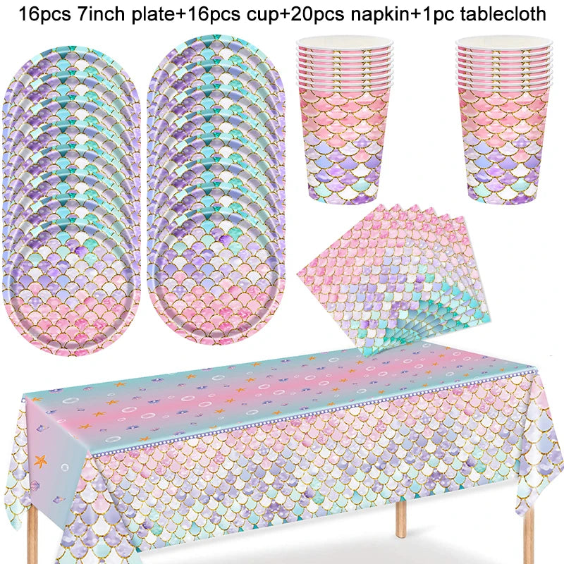 Kidslands® | Kit Vaisselle Jetable Sirène – Thème Océan Assiettes, Gobelets, Serviettes & Décorations
